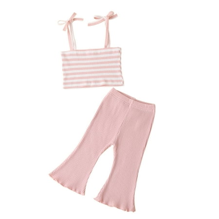 

Infant Baby Girls Outfits Halter Crop Top Striped Tank Top Bell Bottoms Set