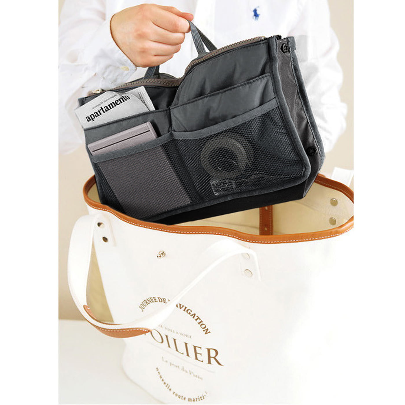 Women Multi-Pocket Travel Handbag Organizer Insert with Zipper