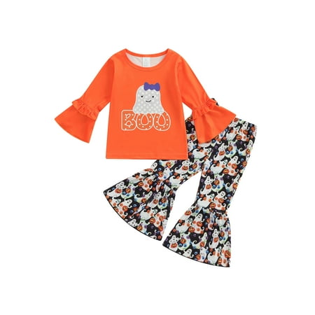 

JYYYBF Toddler Girl Halloween Clothes Set Pumpkin Ghost Print Ruffle Long Sleeve Round Neck T-Shirt Flared Trouser Outfits Orange 3-4 Years