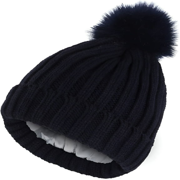 TELOLY Women's Winter Beanie Hat Warm Silk Satin Lined Cuffed Cable Knit Hat with Detachable Pom Ski Skull Cap Navy Blue