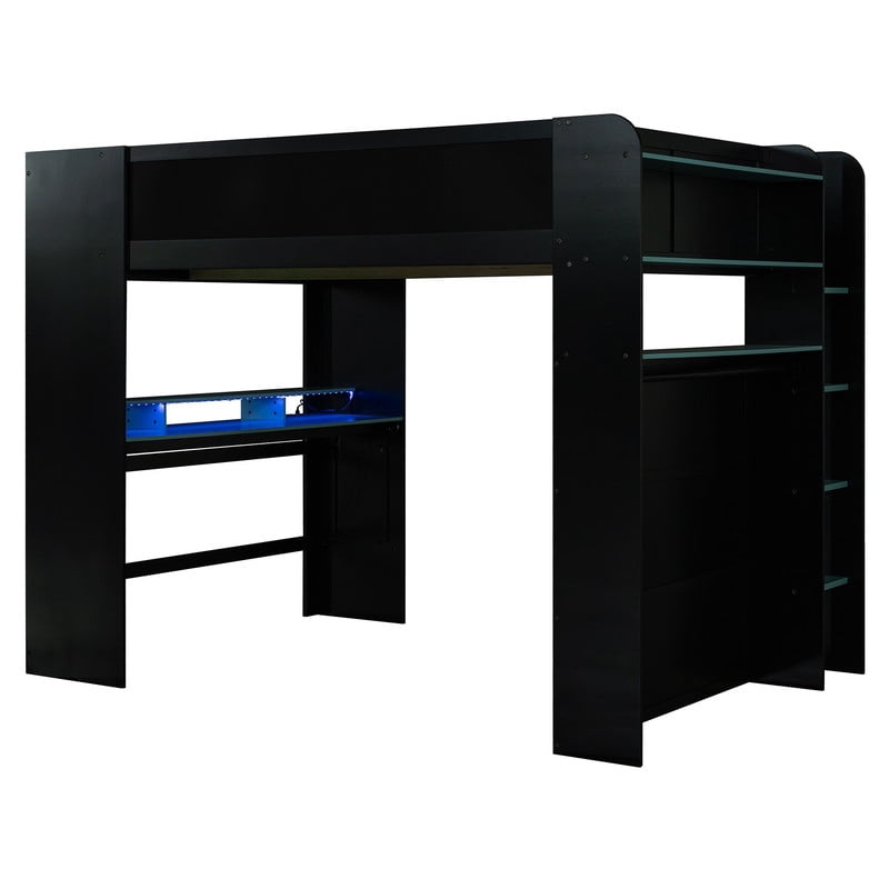 Full Size Wood Loft Bed with Desk, Wardrobe and Storage, Height Adjustable Gaming Loft Bed with USB Charging Port, RGB LED Light Strip, PC Tower Space and Shelves for Bedroom