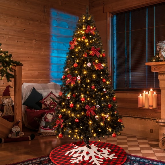 UBesGoo 7.5ft Black DIY Christmas Tree, Hinged Artificial Pine with 350 Warm LEDs & Red Ornaments, Includes Tree Skirt