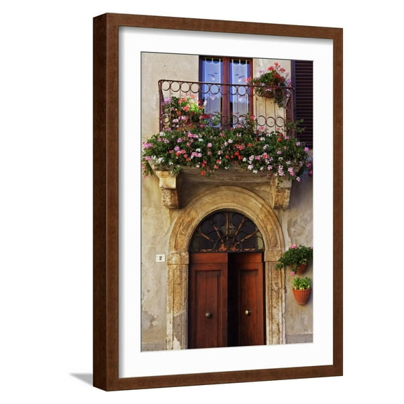 Art.com Balcony Flowers and Doorway in Pienza Tuscany Italy Photo by Julian Castle, Brown Frame Wall Art, 17" x 23"