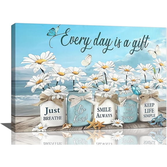 Farmhouse Bathroom Flower Wall Art White Daisy Pictures Wall Decor Motivational Inspirational Quotes Canvas Artwork Painting Art, Dining Room Wall Decor Ideas, Art Deco Frameless 12x16inch