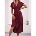 thumbnail image 6 of Womens Solid Color Overlap V Neck Batwing Sleeve Waist Pleated Long Elegant Dress Maxi Wine Red M, 6 of 10