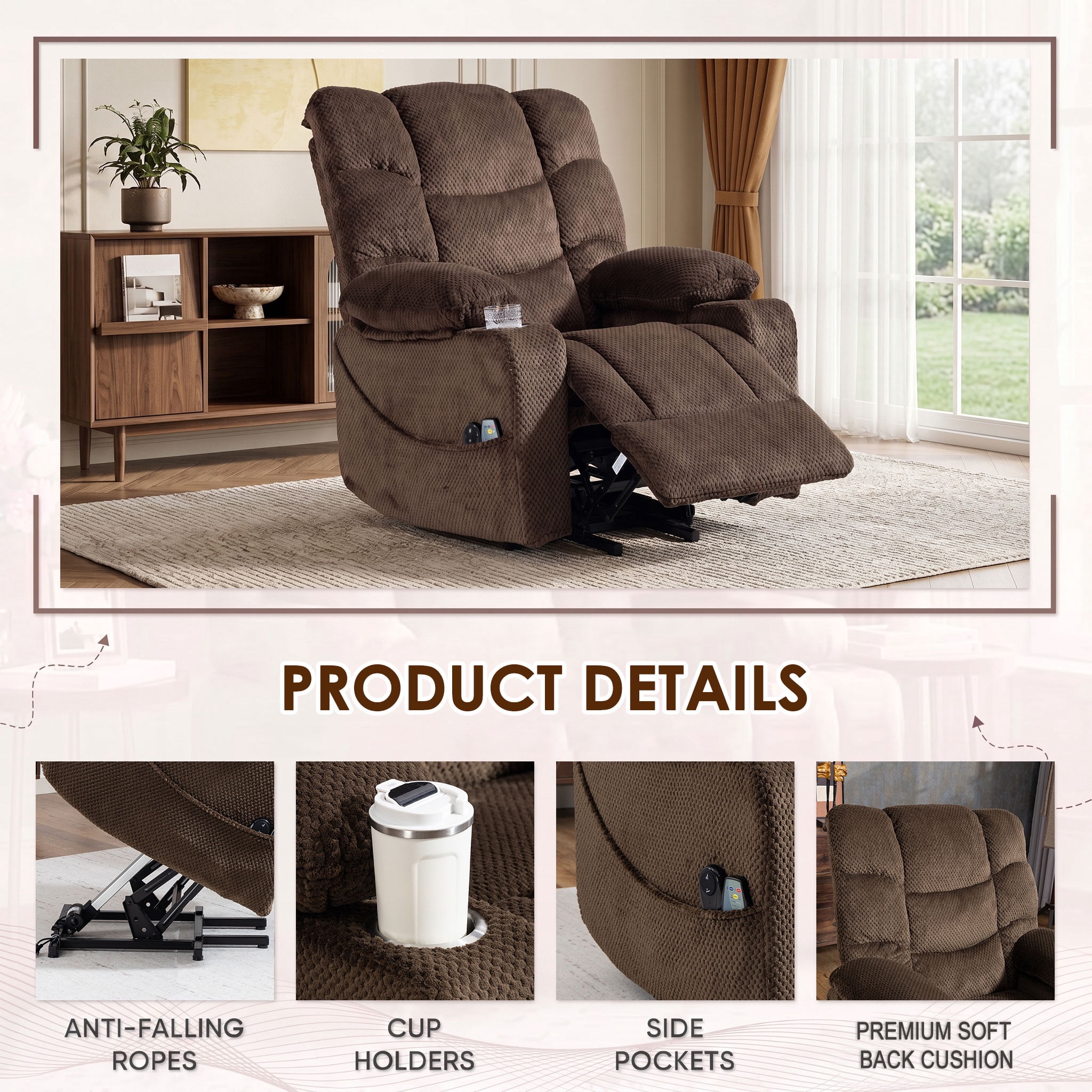 Anpport Ultra‑Wide Power Lift Recliner Chair, Velvet Rotating Electric Recliner with Massage Heating Function, Metal Cup Holder & Side Storage, for Living Room, Bedroom, Office, Brown