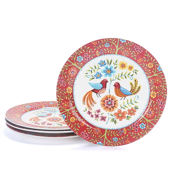 Bico Red Spring Bird Ceramic Dinner Plates Set of 4, 11 inch, for Pasta, Salad, Maincourse, Microwave & Dishwasher Safe