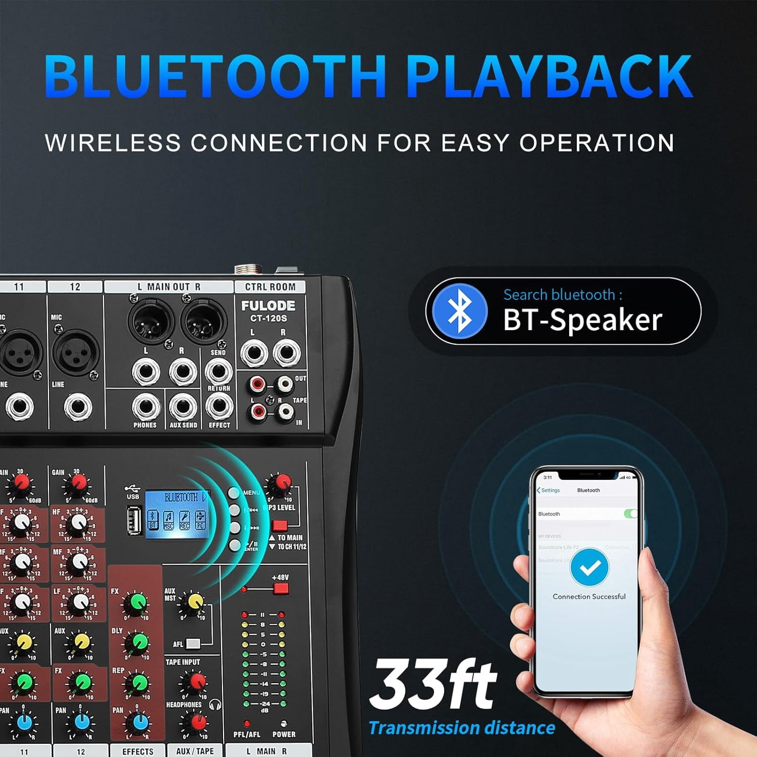 12 Channel Mixer Audio Console, Professional Music Mixer DJ Mixing Board with Reverb Bluetooth MP3 Player 48V Phantom Power Supply USB Recording for Studio Karaoke Live Performance