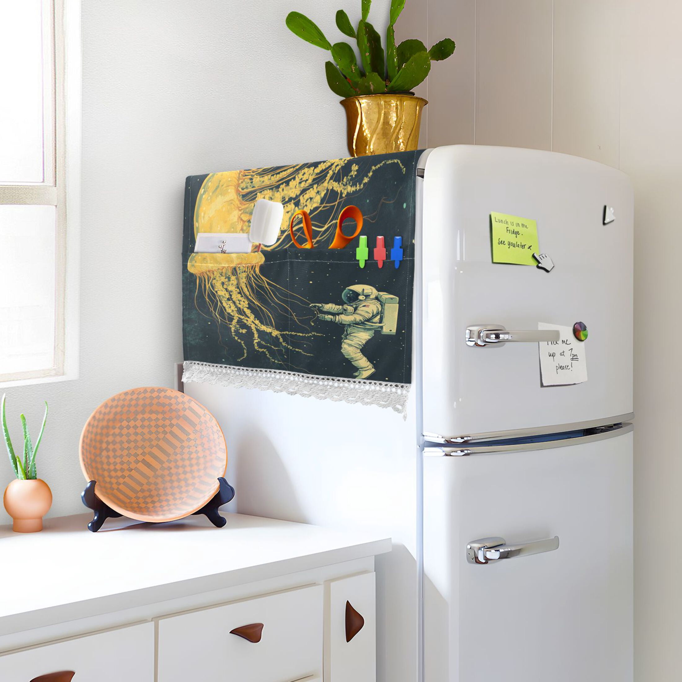 Jellyfish and AstronautWasher and Dryer Covers Dust-Proof and Oil Resistant Fridge Cover with 4 Storage Pockets Washing Machine Top Cover for Laundry Kitchen Home 51.2 x 22 In