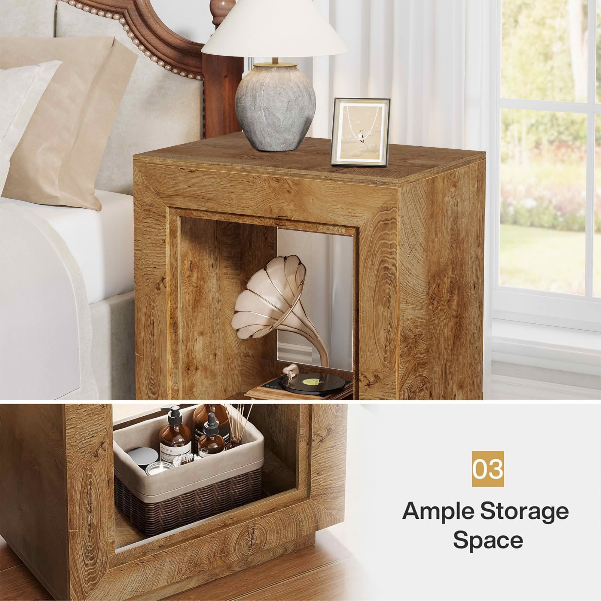 MAYEERTY Square Wood End Table Nightstand, Walnut Rustic Finish Heavy-Duty Solid Wood Side Table with Ample Storage Space