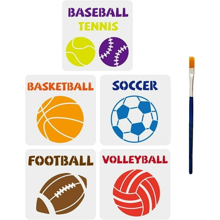 5pcs Sports Ball Stencils 11.8×11.8inch Sports Stencils Baseball Tennis Basketball Soccer Football Volleyball Reusable Template with Paint Brush DIY Decor Wood Signs Walls Bags