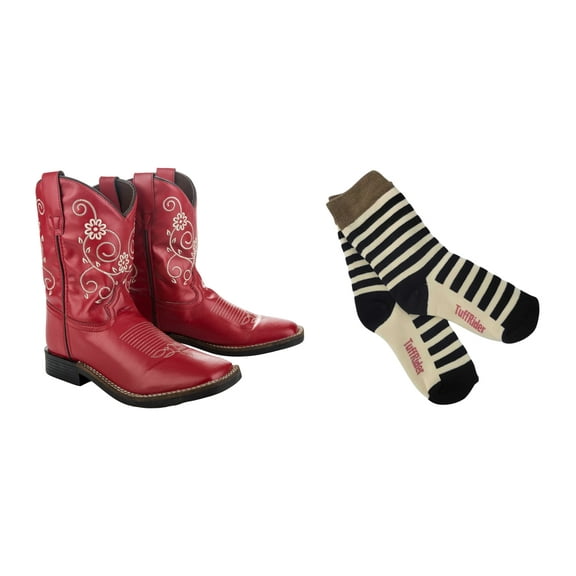 TuffRider Children's Fire Red Floral Western Boot- 1- Red With Free Assorted Striped Socks