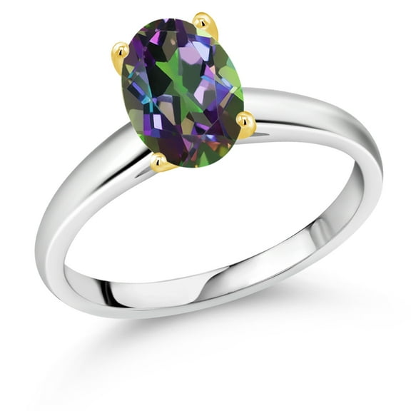 Gem Stone King 925 Silver and 10K Yellow Gold Green Mystic Topaz Solitaire Engagement Ring for Women | 2.30 Cttw | Oval 9X7MM | Gemstone November Birthstone (Size 8)