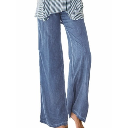 Girls Elastic Waist Pants - Women's Casual Elastic Waist Faux Denim Solid Flared Pants Trousers