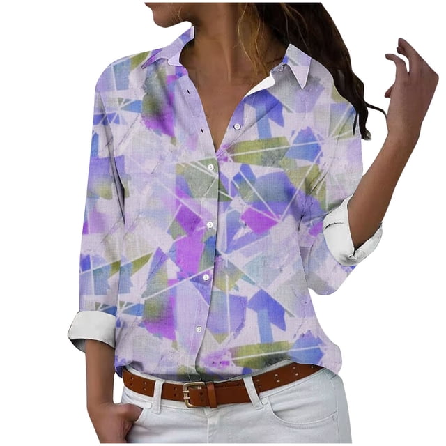 Camisetas de Mujer Casual, Manga Larga Impresa Solapa Botón Arriba Blusa, Ajuste Regular Poliéster Superior