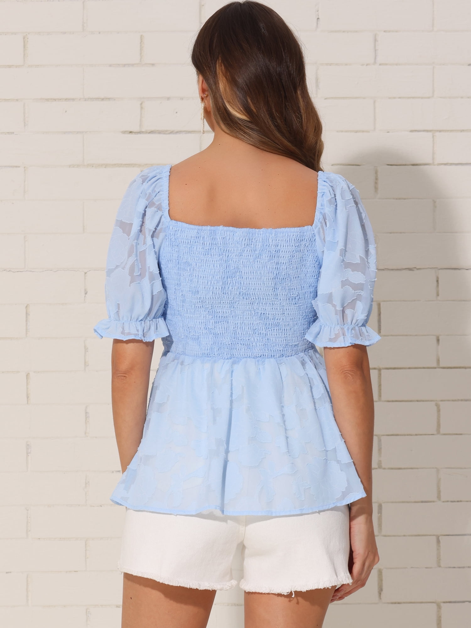 DARING DIVA Women's Stylish Square Neck Ruffle Smocked Peplum Tops M Light Blue