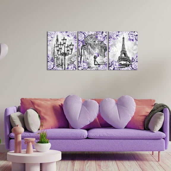 Apicoture 3pcs 12x16 inch Framed Vintage Canvas Wall Art Home Wall Decor Purple Landscape Paris Eiffel Tower for Bedroom Lovers Girls Paris Theme Modern Home Art Ready to Hang