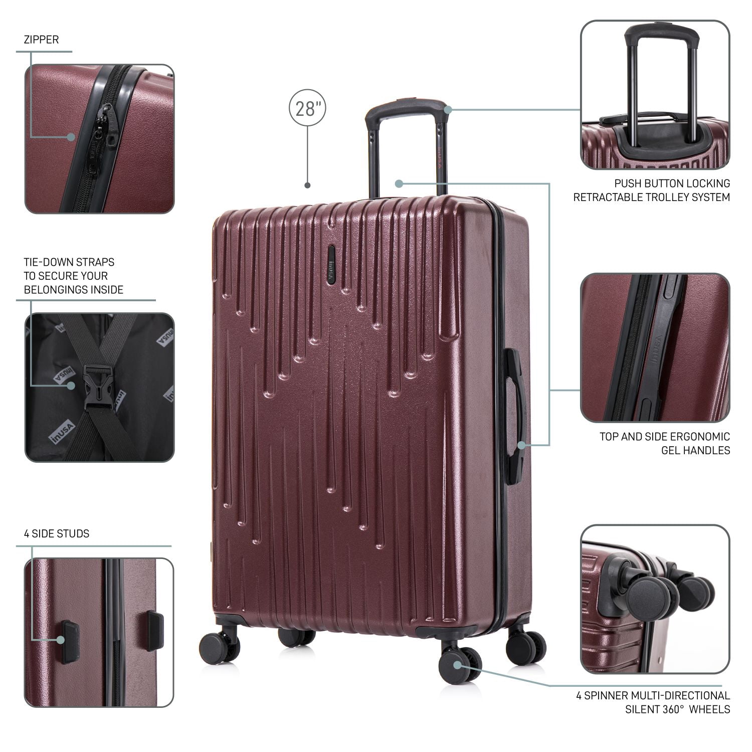InUSA DRIP 28" Hardside Lightweight Checked Luggage with Spinner Wheels, Handle and Trolley, Wine