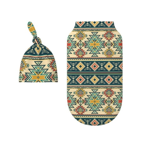 

Wukai Traditional Tribal Aztec1 Newborn Swaddle Set 100% Cotton Matching Headband and Beanie Set
