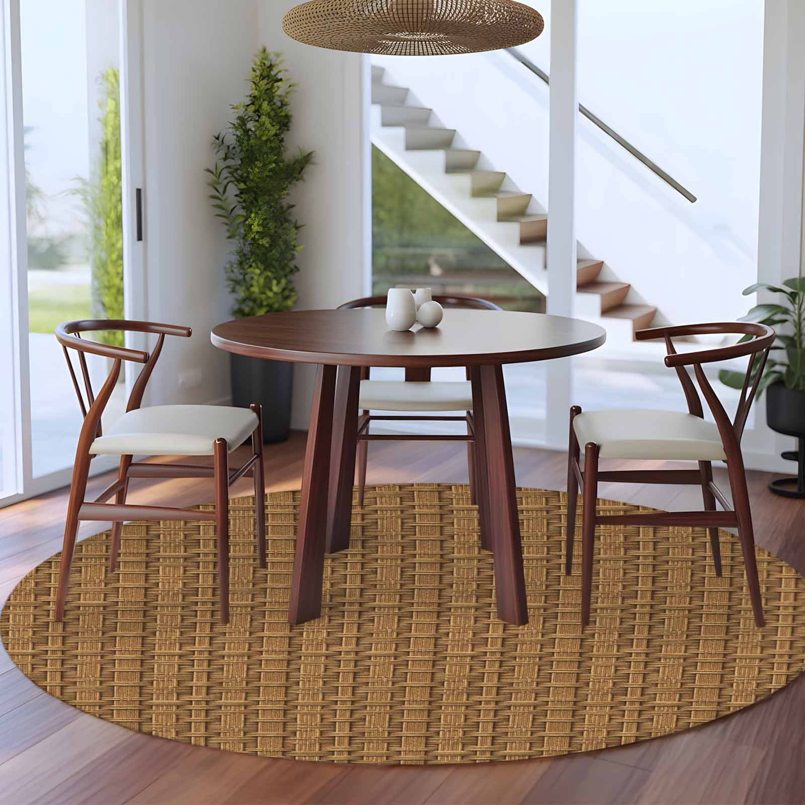 Round Rug 6Ft Washable Non-Slip, Vintage Rattan Circle Area Rugs for Living Room Bedroom, Minimalist Abstract Wicker Texture Brown Indoor Floor Mats Carpet Runner for Home Decor Aesthetic