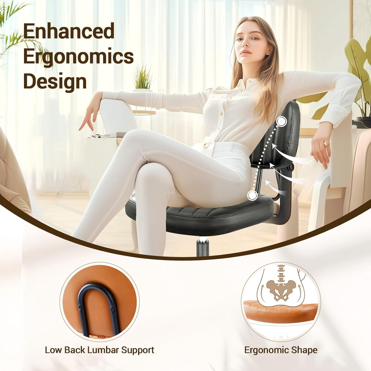 QUIOCOZY Home Office Desk Chair with Low Back and Wheels PU Leather Computer Chair Ergonomic Adjustable Height Comfy Chair Armless with Swivel Rolling Vanity Chairs for Bedroom Adult Brown