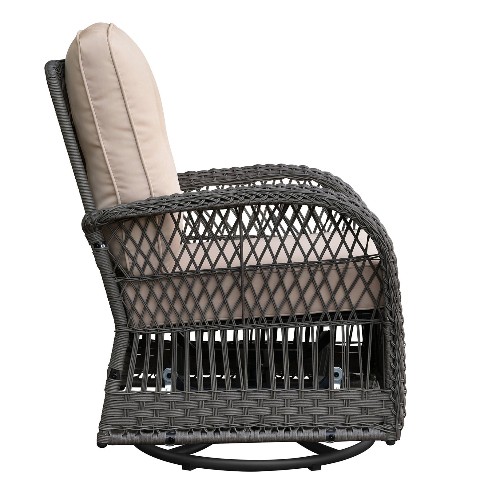 3 Pieces Conversation Set, Outdoor Wicker Rocker Swivel Patio Bistro Set, Rocking Chair with Glass Top Side Table, Grey