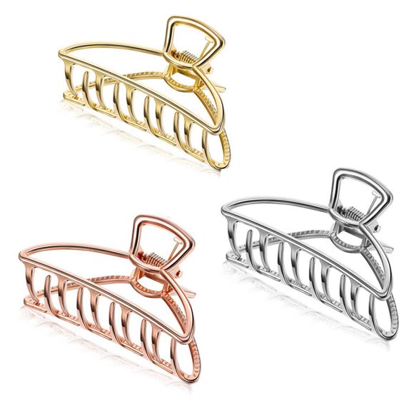 Emoly Paquete de 3 pinzas de metal grandes, huecas, antideslizantes, pinzas para el cabello para mujeres y niñas, pasador para fijar el cabello (plata, oro y oro rosa)