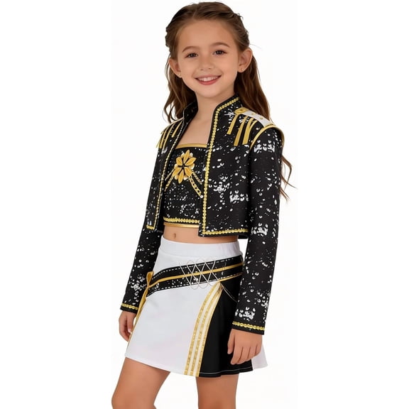 G'irl's Costume Set for Halloween, Black & Gold Idol Stage Cosplay Outfit for Performance Accessories, Skirt & Top