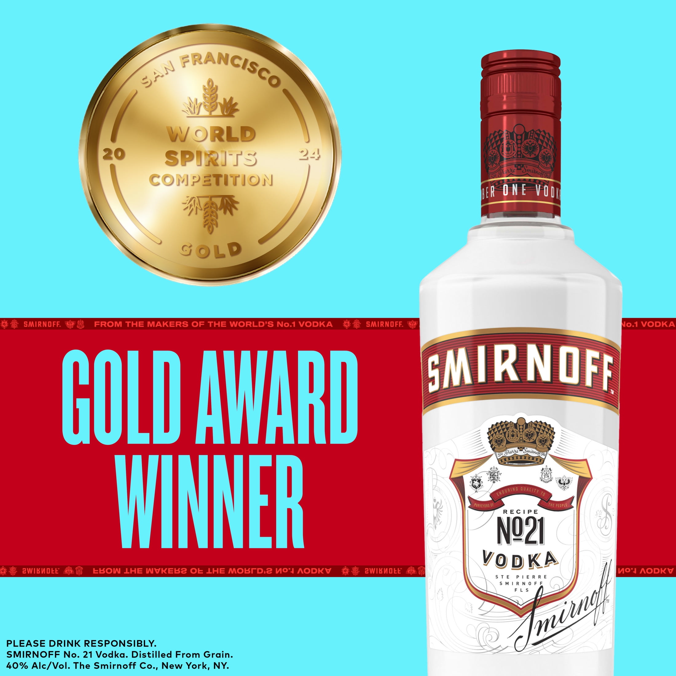 Smirnoff No. 21 80 Proof Vodka, 1.75 L Glass Bottle, 40% ABV