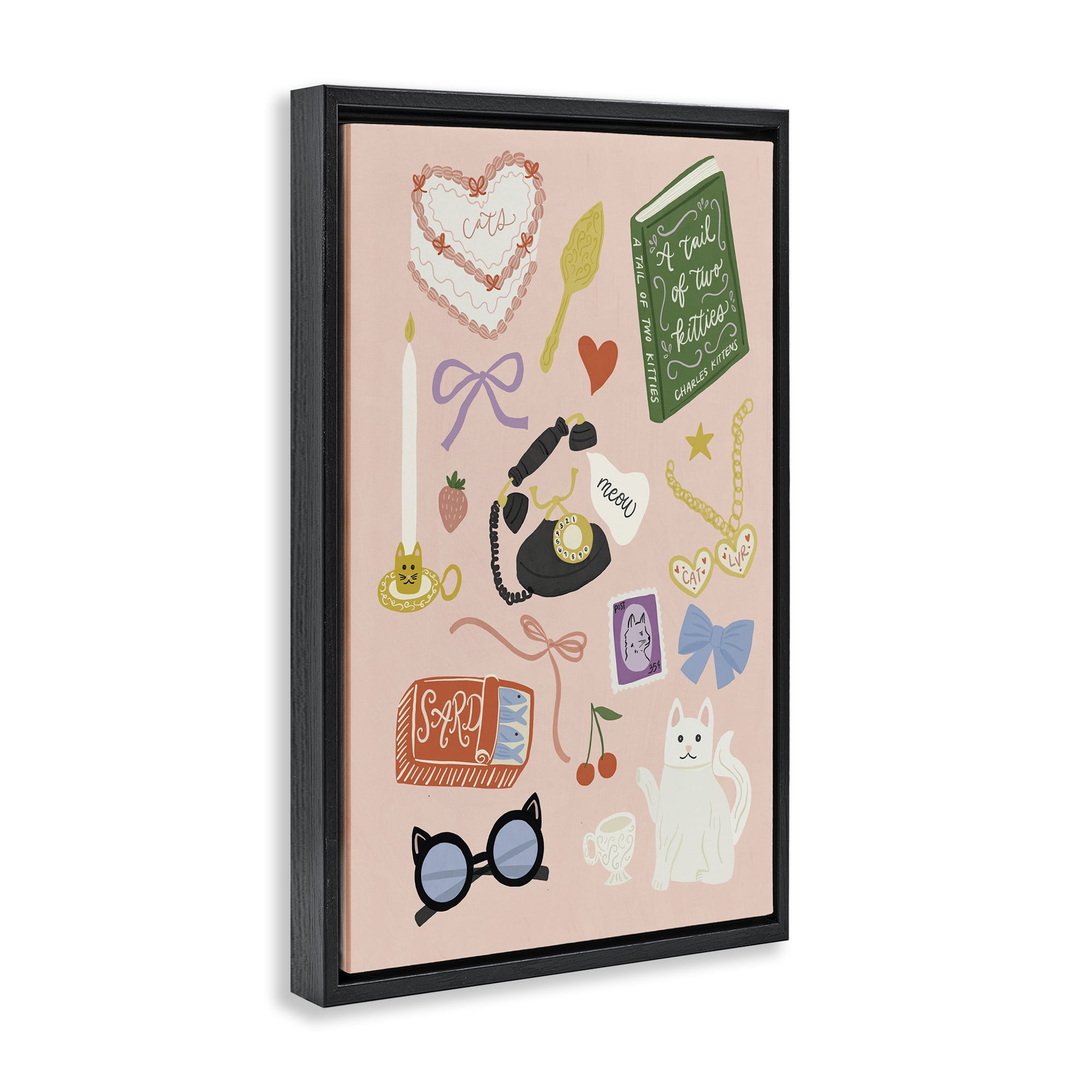 Stupell Industries Vintage Cat Lover Trinkets Black Framed Floater Canvas Wall Art, design by Amanda Houston
