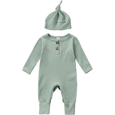 

PIKADINGNIS Newborn Baby Boys Girls Knitted Jumpsuit Solid Color Button Long Sleeve Ribbed Romper Bodysuit Fall Winter Clothes