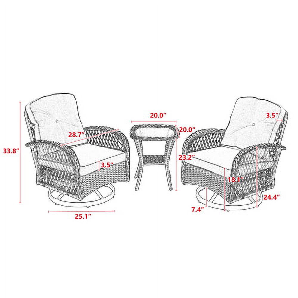3 Pieces Patio Furniture Set, Patio Swivel Rocking Chairs Set, 2PCS Rattan Rocking Chairs and Side Table, Wicker Patio Bistro Set with Padded Cushions, for Patio Deck Porch Balcony,Coffee - image 5 of 7