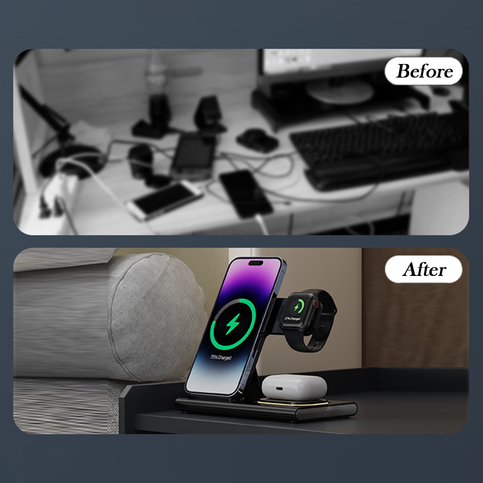 3-in-1 Foldable Wireless Charging Station with Light, Fast Charger Dock for Apple Watch, iPhone, AirPods & Samsung Phones