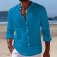 thumbnail image 2 of LNZGNM Mens Button Down Long Sleeve Shirt Beach Summer Collared Shirts Lightweight Cotton Linen Solid Color Shirts Stylish Hawaiian Tops,Royal Blue M, 2 of 4