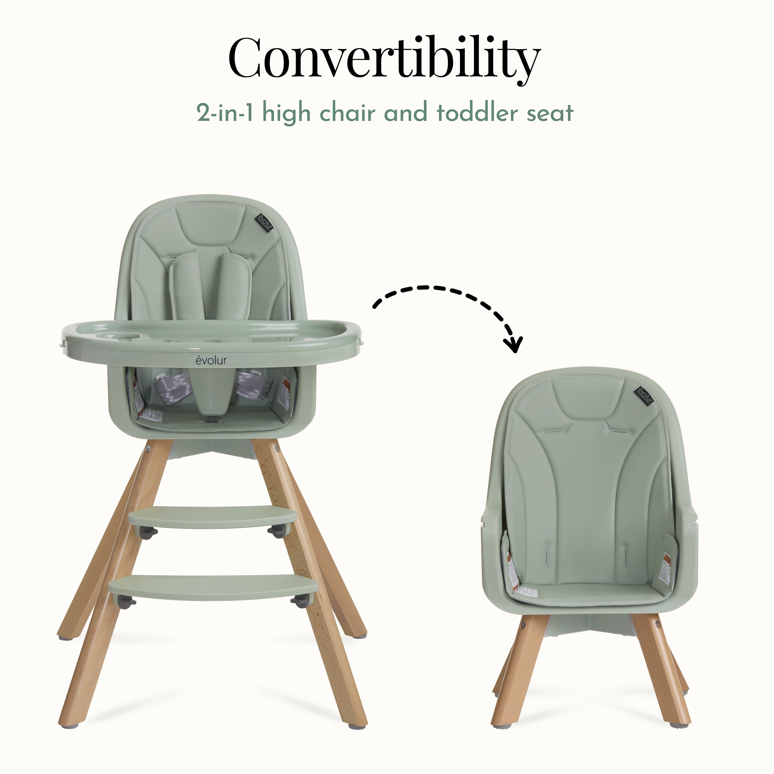 Evolur Zoodle 2-in-1 High Chair Booster Feeding Chair with Modern Design, Sage Green