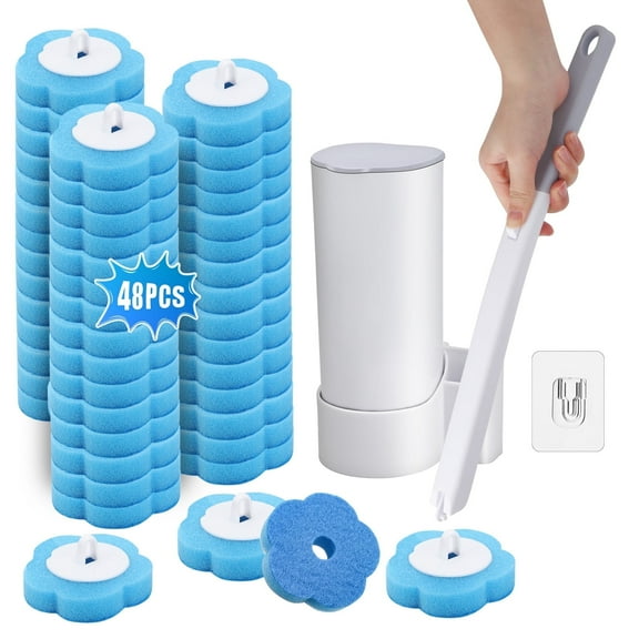 Disposable Toilet Brush with 48 Refills, Toilet Bowl Wand and Holder Set, Toilet Cleaner Brush Refill Pads, Wall-mounted Toilet Cleaning Stick