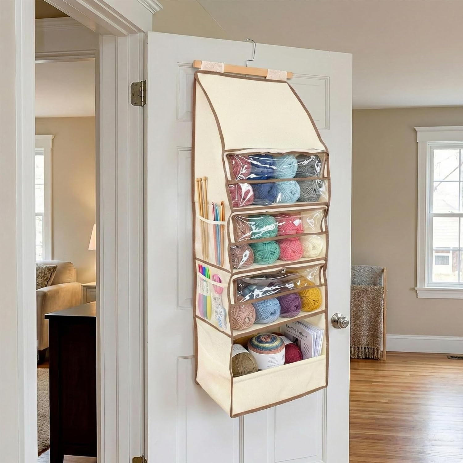 Storage Bag – Large Capacity Hanging Storage Organizer with 3 Crochet Storage,Zippered Hanging , Crochet Bag for Crafters