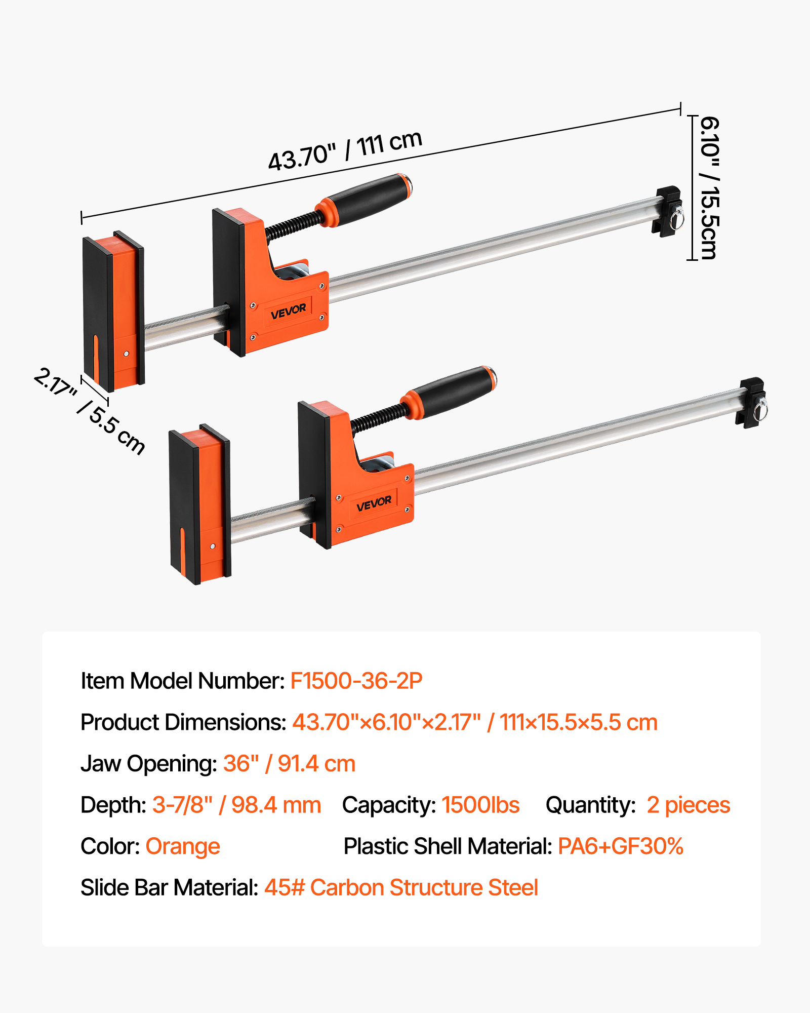 VEVOR Bar Clamps for Woodworking, 2-Pack 36 inch Parallel Clamp Set, F-Clamp with 1500 lbs Load Limit, Even Pressure, High-strength Plastic and Carbon Steel, for Woodworking Metal Working, Orange