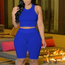 Edvintorg Workout Sets for Women 2 Piece Women Solid Two Piece Outfits Summer Sleeveless Round Neck Tops Shorts Set Gym Set Women Blue M