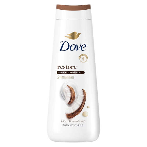 Dove Body Wash for 24hr Lotion-Soft Skin Restore Coconut & Cocoa Butter Moisturizing Skin Cleanser with No Sulfates No Parabens, 20 fl oz