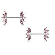 Body Accentz Nipple Ring 5 Marquise Crystals Fan Ends 316L Surgical Steel Barbell Bar (Pink)