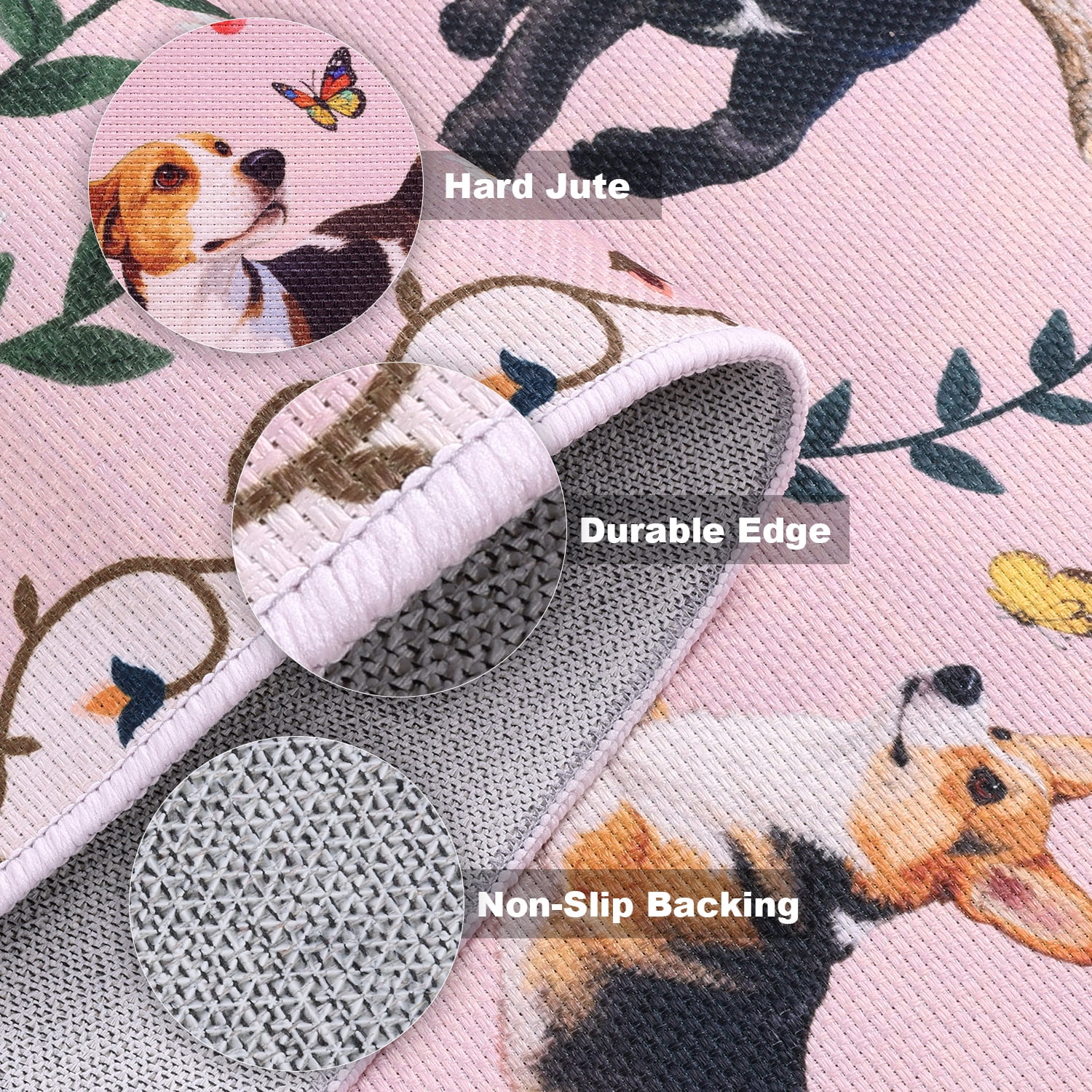MJIAexp 2'x8' Jute Animal Dog Floral Kitchen Runner Rug,Woven Texture Machine Washable Runner Rug Non-Slip Rubberback Hallway Runner Laundry Rug Throw Carpet for Living Room Bedroom Dining Room Entry
