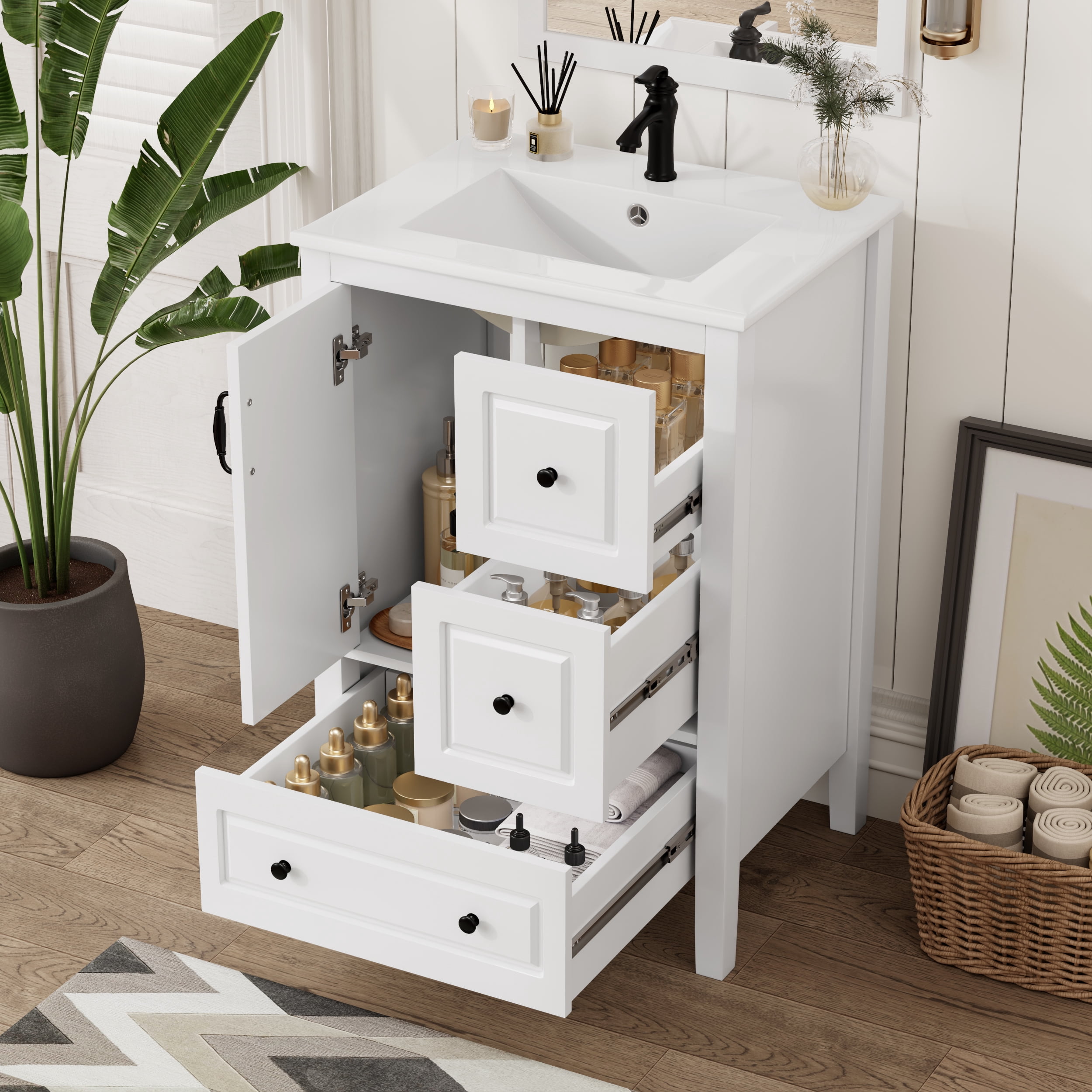 Harper & Bright Designs 24" Small Bathroom Vanity Sink Combo, Bathroom storage Cabinet with Drawers, Single Sink Bathroom Vanity with Soft-closing Door, White