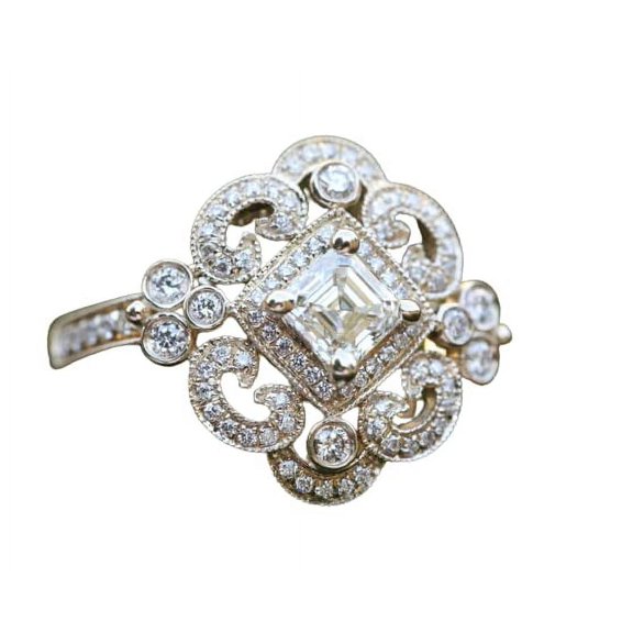HeartsAndYou Antique Inspired Vintage Inspired Engagement Ring for Women 2ct Asscher Cut Moissanite 18k Yellow Gold over Silver