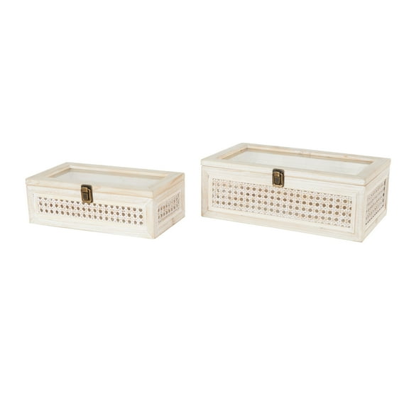 DecMode Handmade Woven Storage Cream Wood Decorative Box with Bronze Latches and Tempered Glass Tops, 2 Count