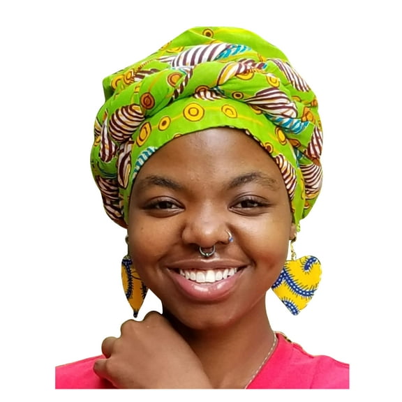 Bright-green African Print Ankara Modu Hat Pre-tied Head Wrap