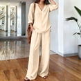 thumbnail image 4 of IUYRTFE Women V Neck 3/4 Sleeve Top and Elastic Waist Wide Leg Pants Set Casual Relaxed 2 Piece Lounge Outfit, 4 of 7