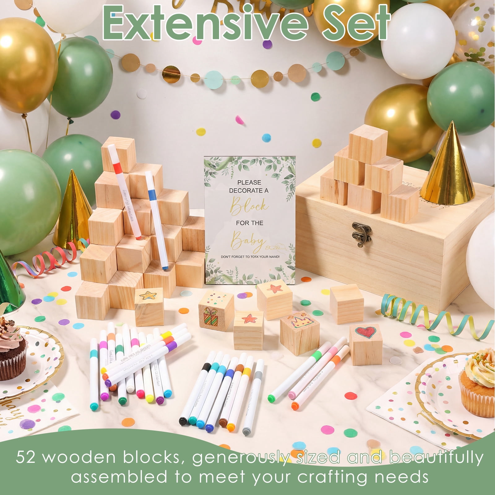 Toorise Baby Shower Games Sign Kit Unique Baby Shower Blocks to Decorate Game Kit with 52 Blocks 24 Markers 1 Sign and Wood Box for Boy and Girl Party