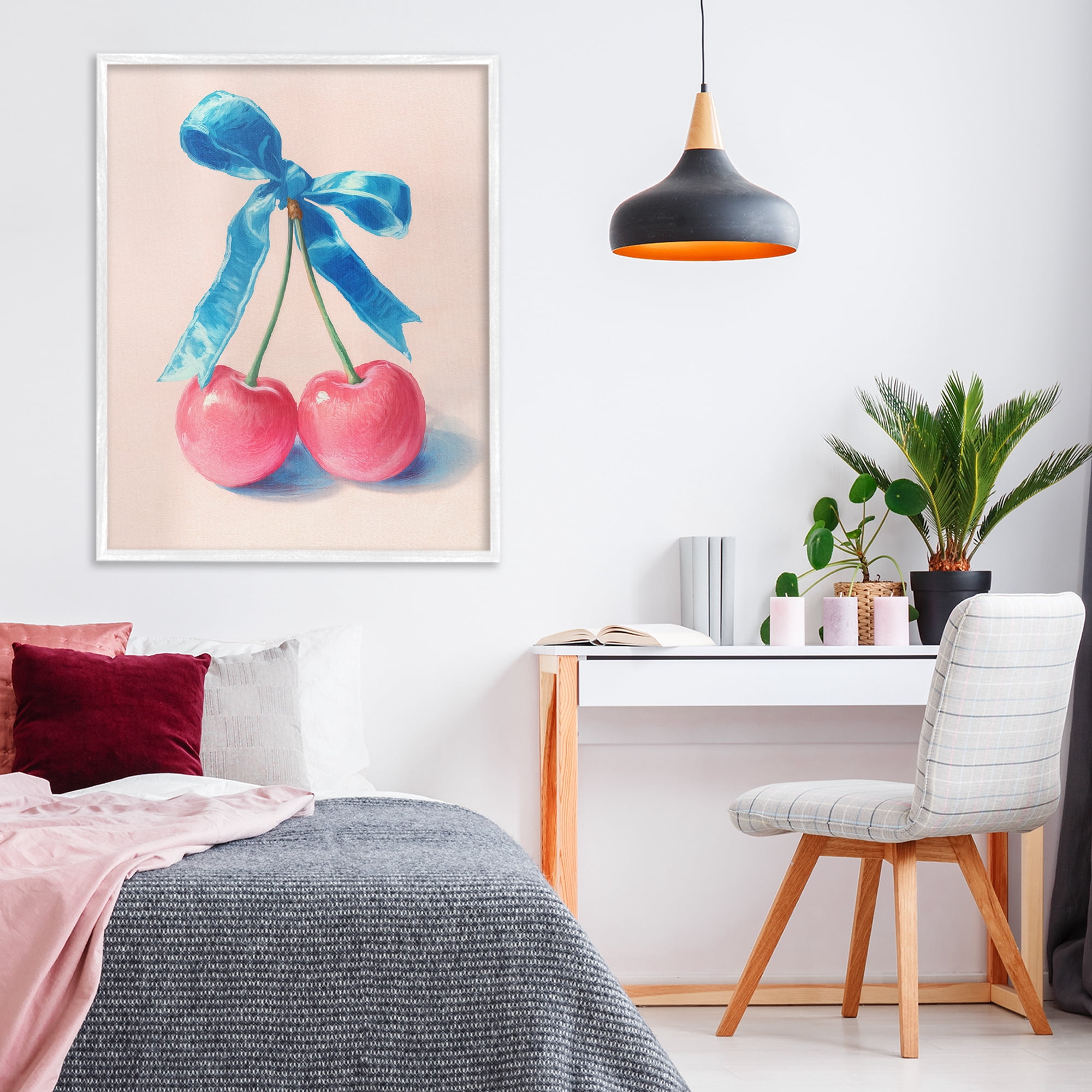 Stupell Industries Twin Cherries with Blue Ribbon White Framed Giclee Art, design by Imagine It Images