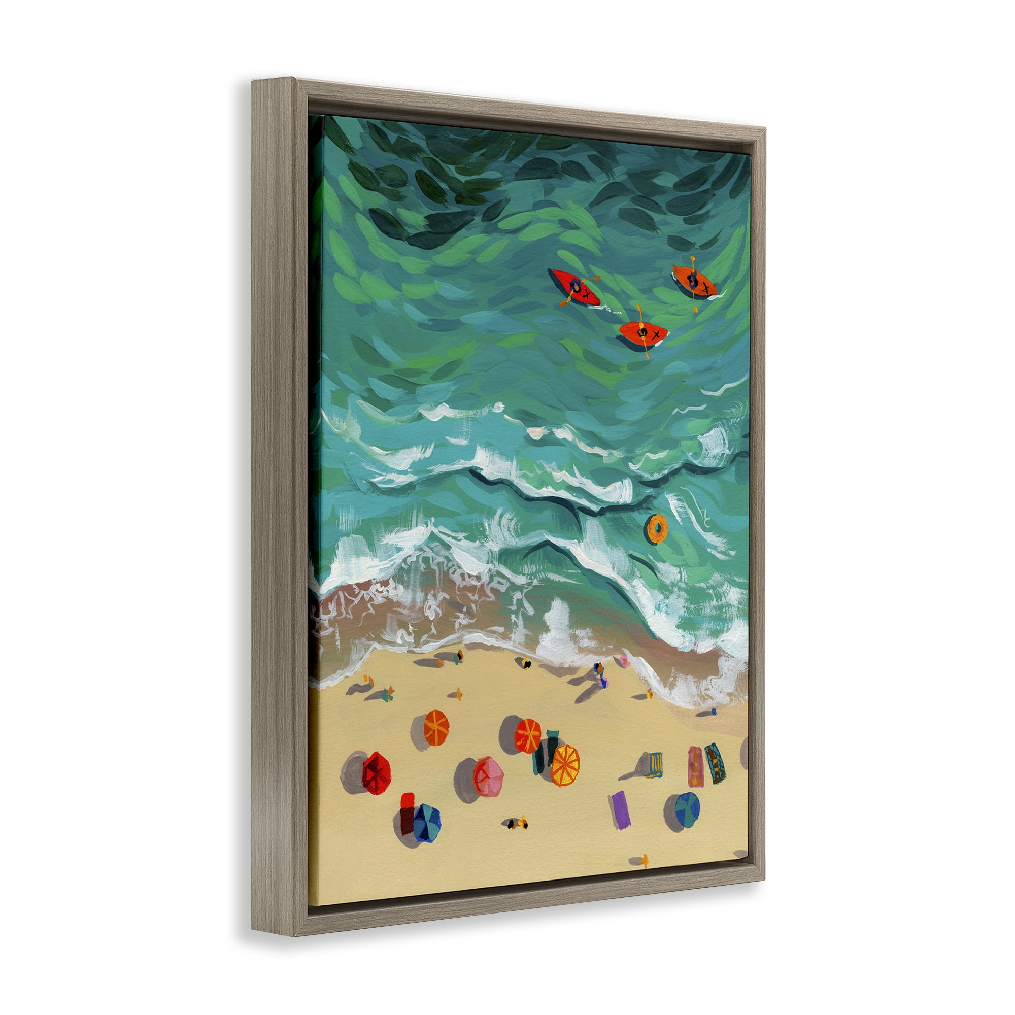 Stupell Industries Three Kayaks in Turquoise Waves Brown Framed Floater Canvas Wall Art, design by Brook Page
